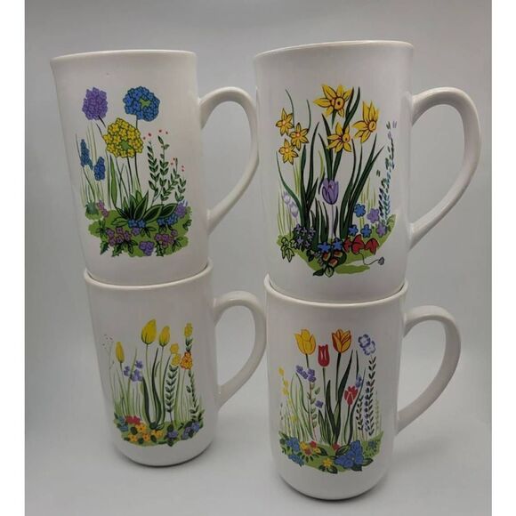 Vintage 1970's Flower Garden Coffee Mug Set Of 4 - Picture 1 of 8